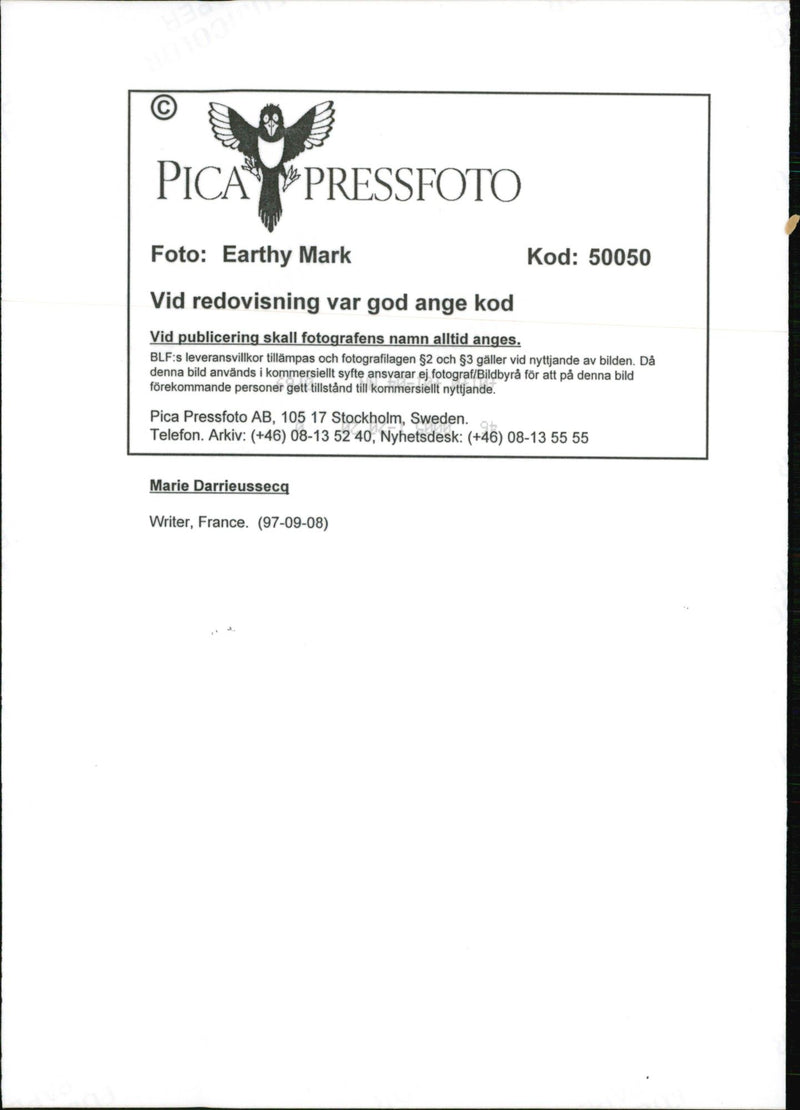 1997 TELEPHONE SWEDEN PICA RESPONSIBLE IMAGE FRANCE MARIE WRITER - Vintage Photograph