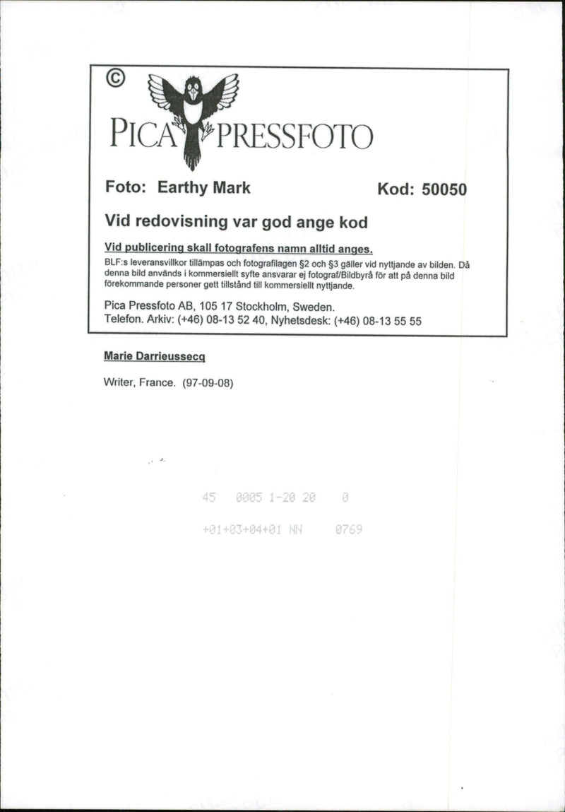 1997 SWEDEN PICA RESPONSIBLE IMAGE DELIVERY FRANCE MARIE WRITER - Vintage Photograph