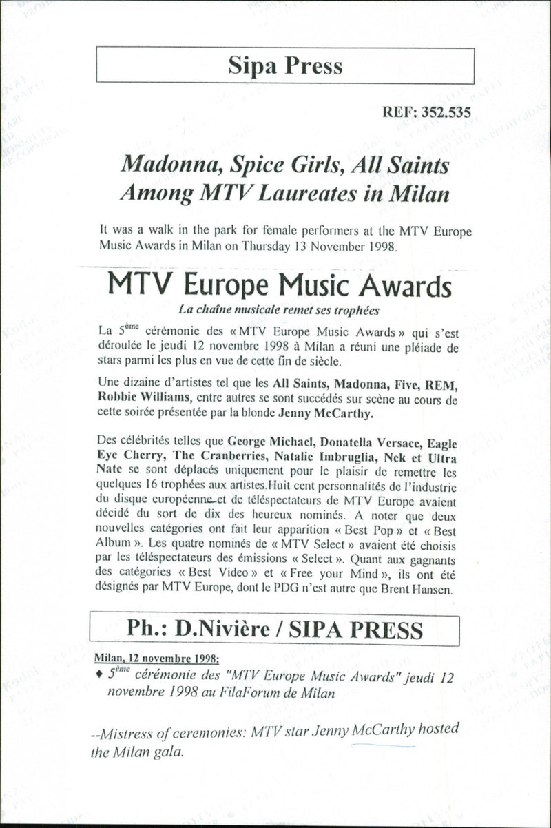 MTV star Jenny McCarthy is hosting the MTV Europe Music Awards in Milan - Vintage Photograph