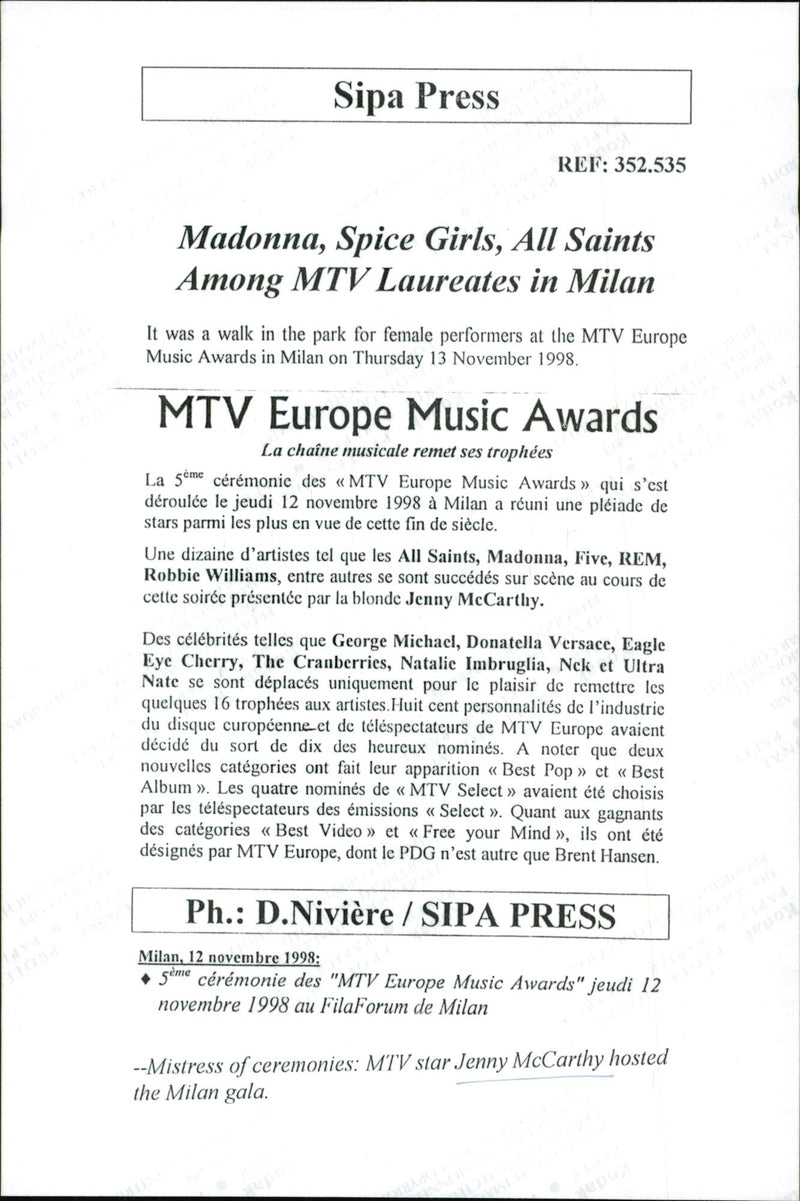 MTV star Jenny McCarthy is hosting the MTV Europe Music Awards in Milan - Vintage Photograph