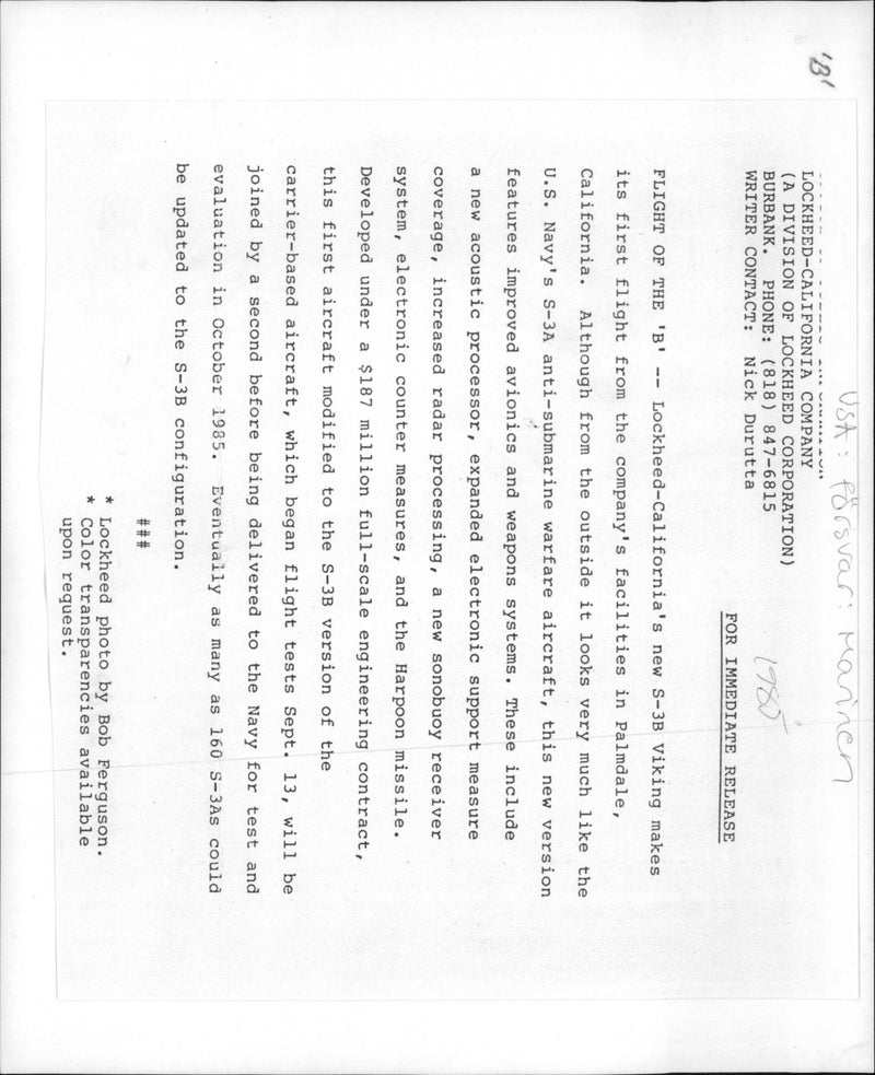 1985 LOCKHEED FACILITY COMPANY SECOND AIRCRAFT FLIGHT WRITER - Vintage Photograph