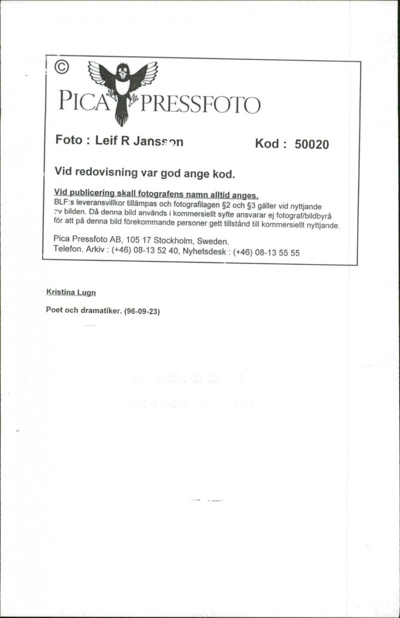 1996 TELEPHONE SWEDEN ESPONSIBLE FOECOMING IMAGE DELI LEIF JANSSON POET - Vintage Photograph