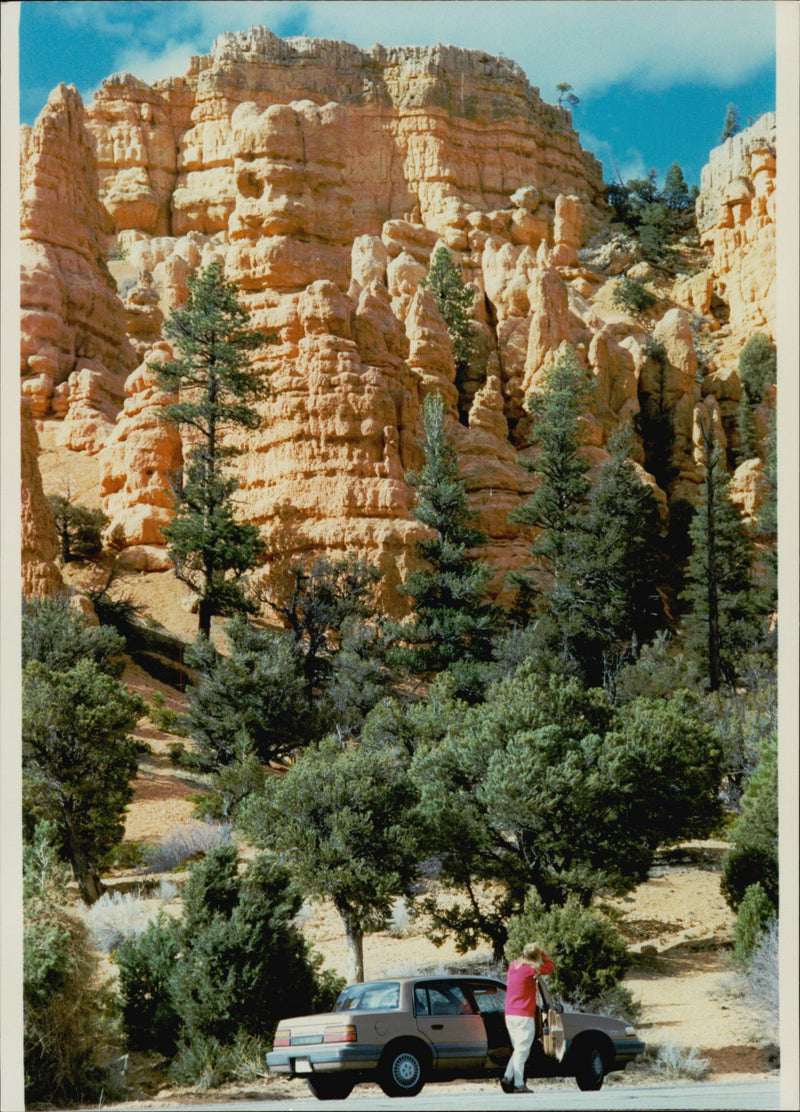A car tourist admires the canyon landscape - Vintage Photograph