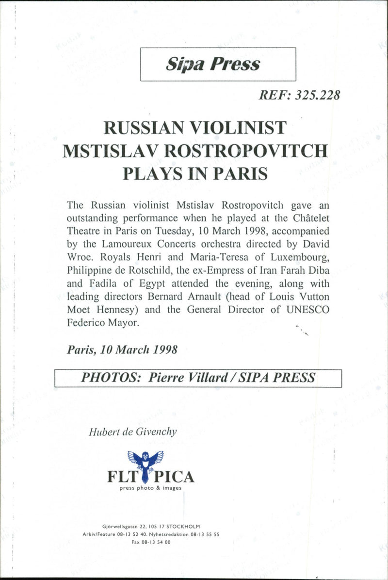 Hubert De Givenchy arrives at the concert with Mstislav Rostropovitch. - Vintage Photograph