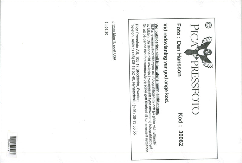 1993 TELEPHONE SWEDEN RESPONSIBLE IMAGE DELIVERY AFTER POET - Vintage Photograph