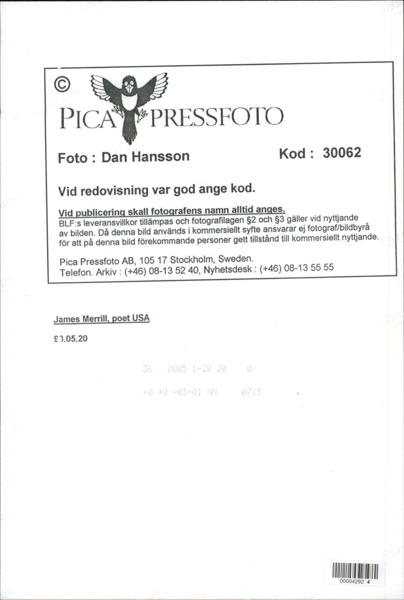 1993 TELEPHONE SWEDEN RESPONSIBLE IMAGE DELIVERY POET JAMES - Vintage Photograph