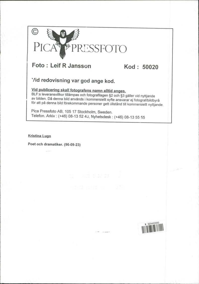 1996 SWEDEN ESPONSIBLE FUTUE IMAGE DELIVEY BLFS CODE LEIF JANSSON POET - Vintage Photograph