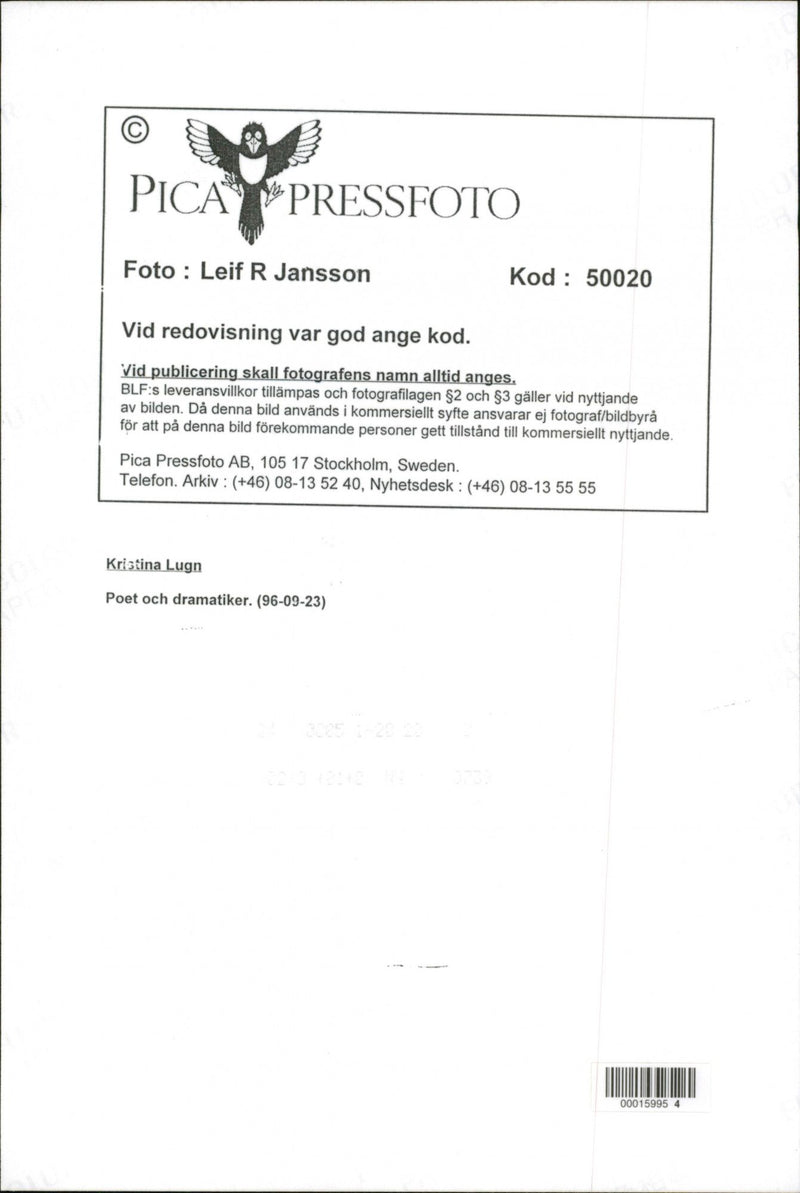 1996 TELEPHONE SWEDEN ESPONSIBLE IMAGE DELIVEY BLFS LEIF JANSSON POET - Vintage Photograph