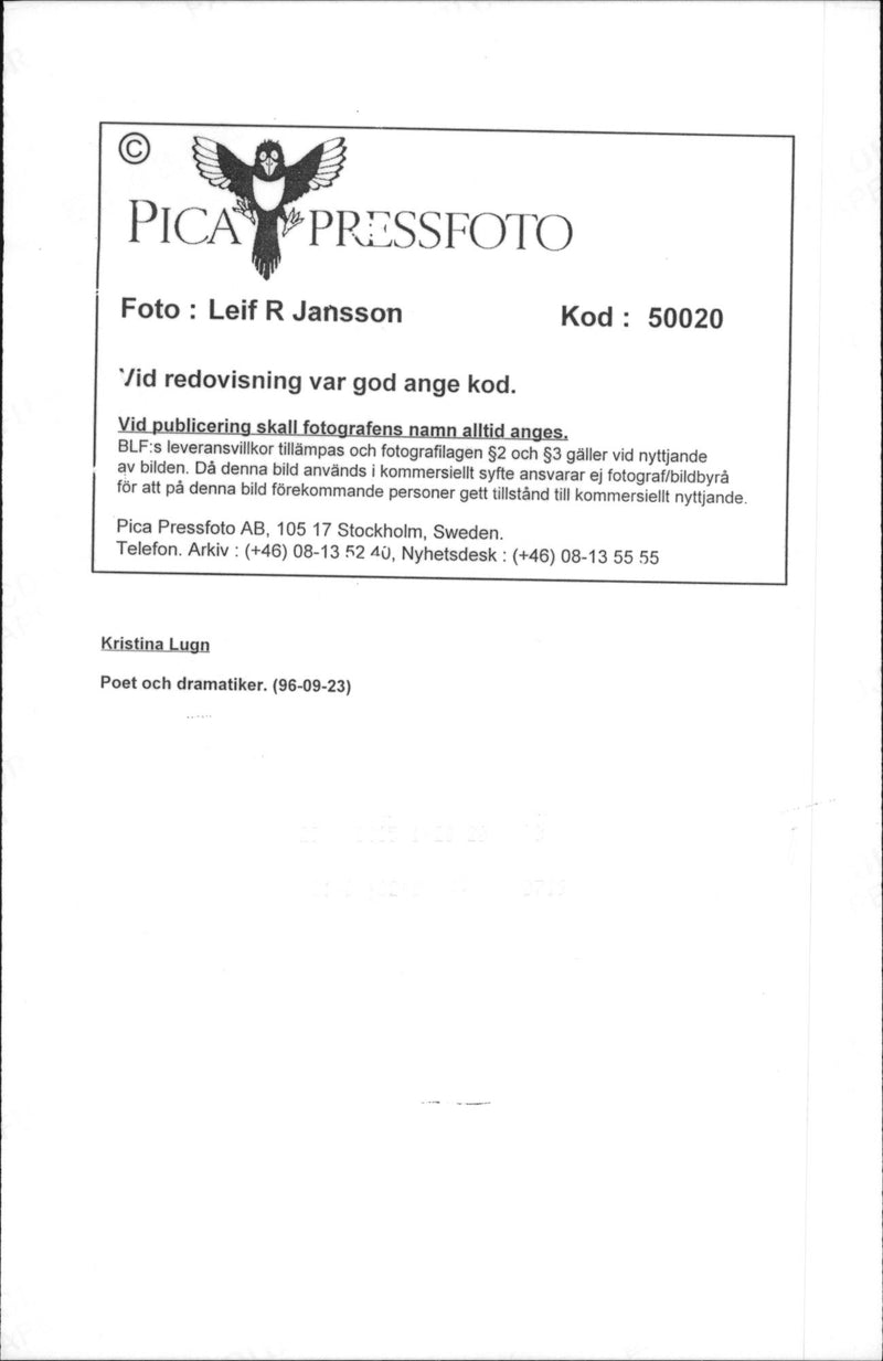 1996 TELEPHONE SWEDEN ESPONSIBLE FOECOMING IMAGE DELI LEIF JANSSON POET - Vintage Photograph