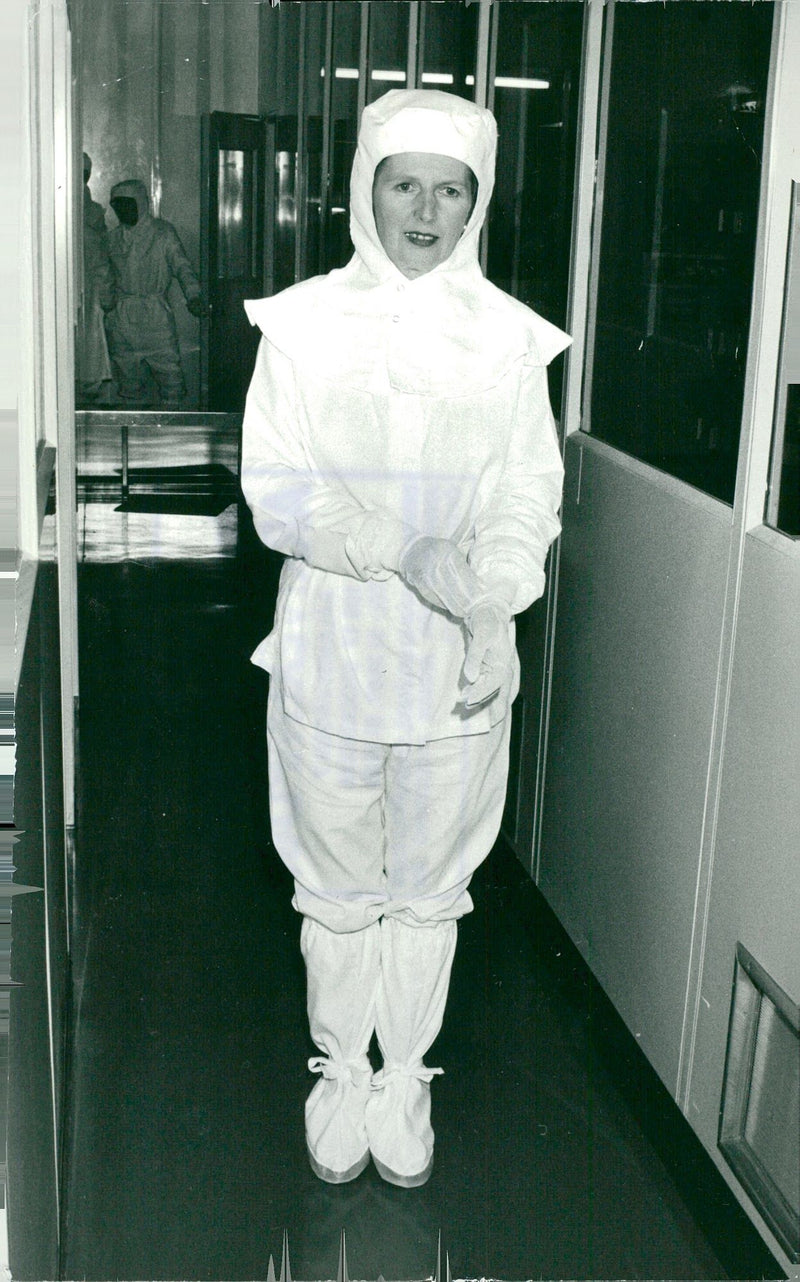 Margaret Thatcher in a protective suit when visiting Vaccum Interrupters - Vintage Photograph