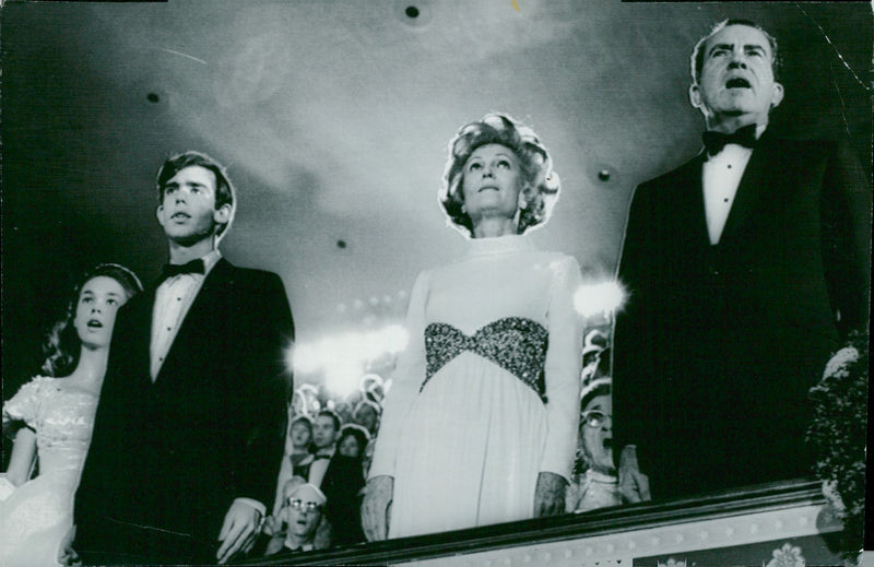 Pat and Richard Nixon sing the national anthem - Vintage Photograph