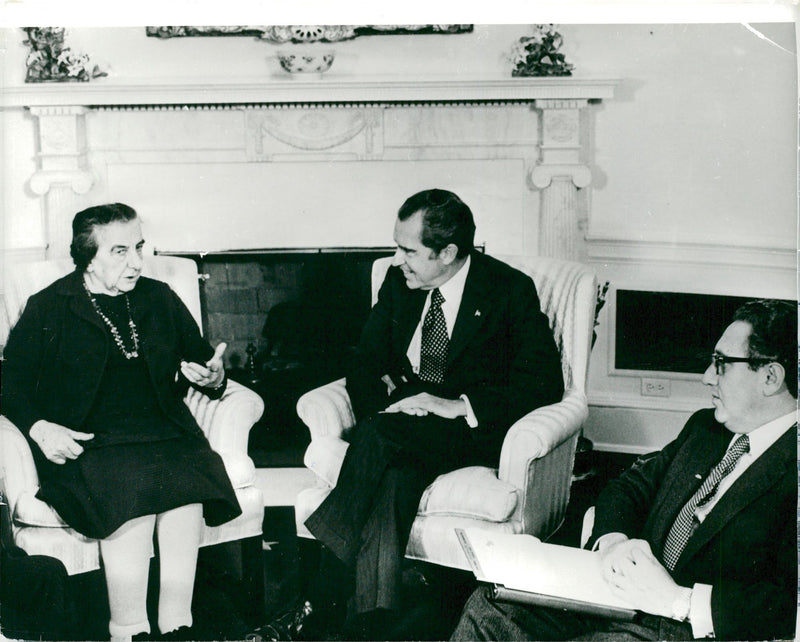 Israeli Prime Minister Golda Meir in meeting with US President Richard Nixon in the White House - Vintage Photograph