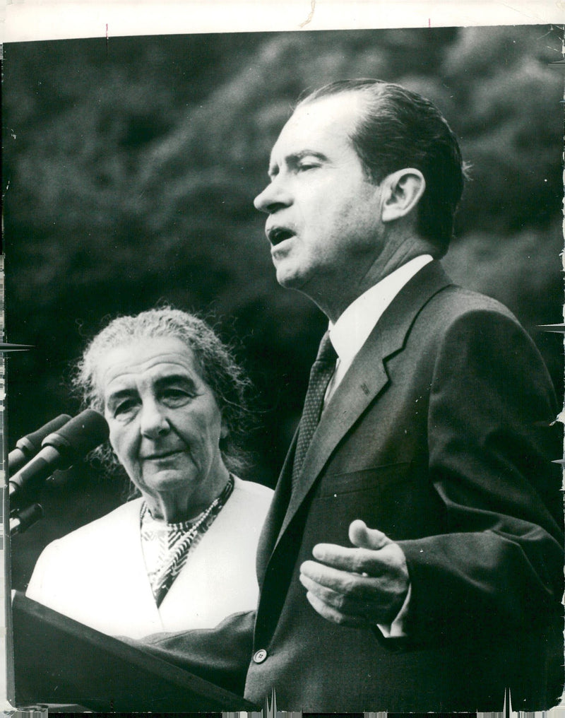 US President Richard Nixon gives a welcome speech to Israeli Prime Minister Golda Meir on her arrival at the White House - Vintage Photograph