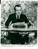 President Richard Nixon gives a television speech to a Soviet audience from the Kremlin in Moscow - Vintage Photograph
