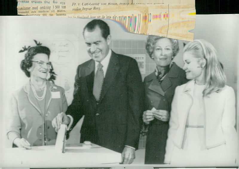 President Richard Nixon leaves his voice in the San Clemente election hall, where he together with his wife Pat and daughter Tricia voted - Vintage Photograph