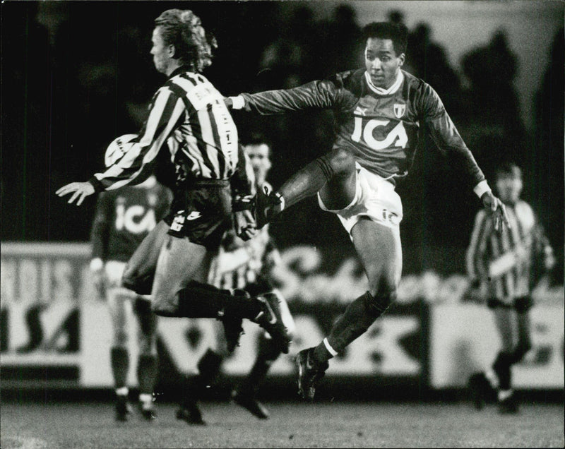 Football player Martin Dahlin in action during the match MalmÃ¶ FF - DjurgÃ¥rden at RÃ¥sundastadion - Vintage Photograph