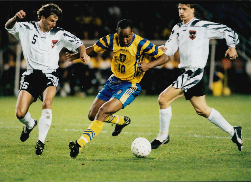 Football player Martin Dahlin in action during the match Sweden - Germany - Vintage Photograph