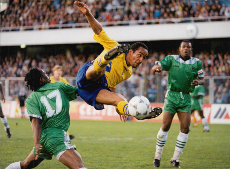 Football player Martin Dahlin in action during the match Sweden - Nigeria - Vintage Photograph