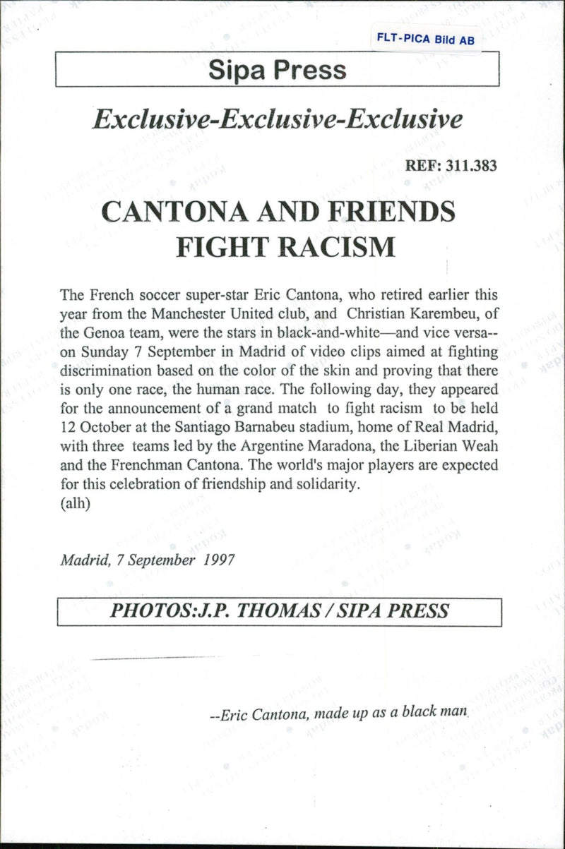 Eric Cantona is made up of a black man in front of an event against racism - Vintage Photograph