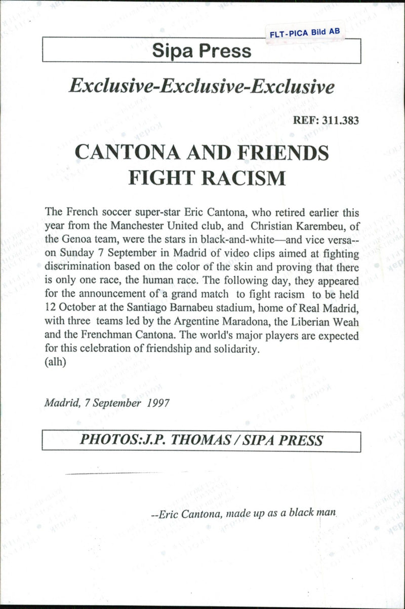 Eric Cantona is made up of a black man in front of an event against racism - Vintage Photograph