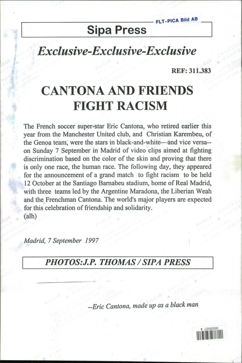 Eric Cantona made up as a black man in front of an event against racism - Vintage Photograph