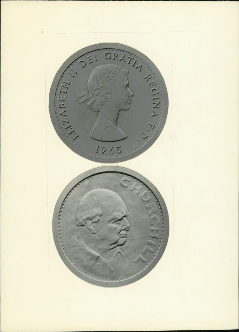 English Coin with Queen Elizabeth II and Churchill. - Vintage Photograph