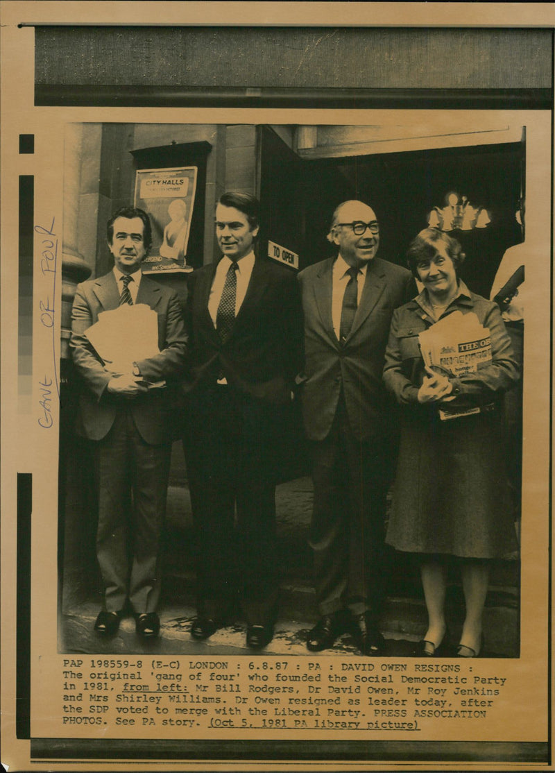 Mr.Bill Rodgers with Dr. David Owen, Mr. Roy Jenkins and Mrs. Shirley Williams - Vintage Photograph