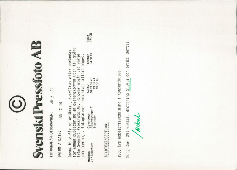 King Carl Gustaf, Queen Silvia and Prince Bertil during the Nobel Prize Awards at the Concert Hall. - Vintage Photograph