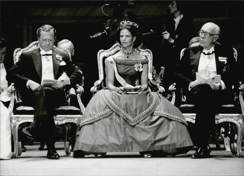 King Carl Gustaf, Queen Silvia and Prince Bertil during the Nobel Prize Awards at the Concert Hall. - Vintage Photograph