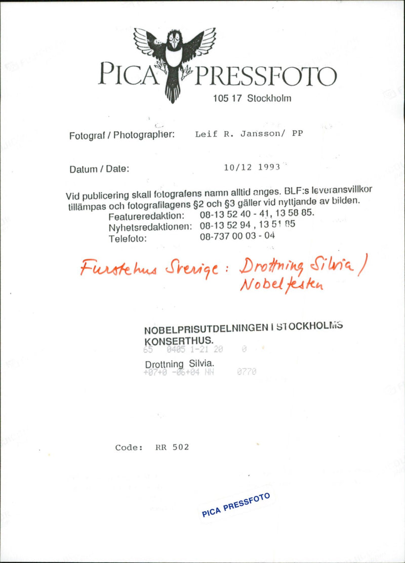 Nobel Prize Award in Stockholm Concert Hall. Queen Silvia - Vintage Photograph