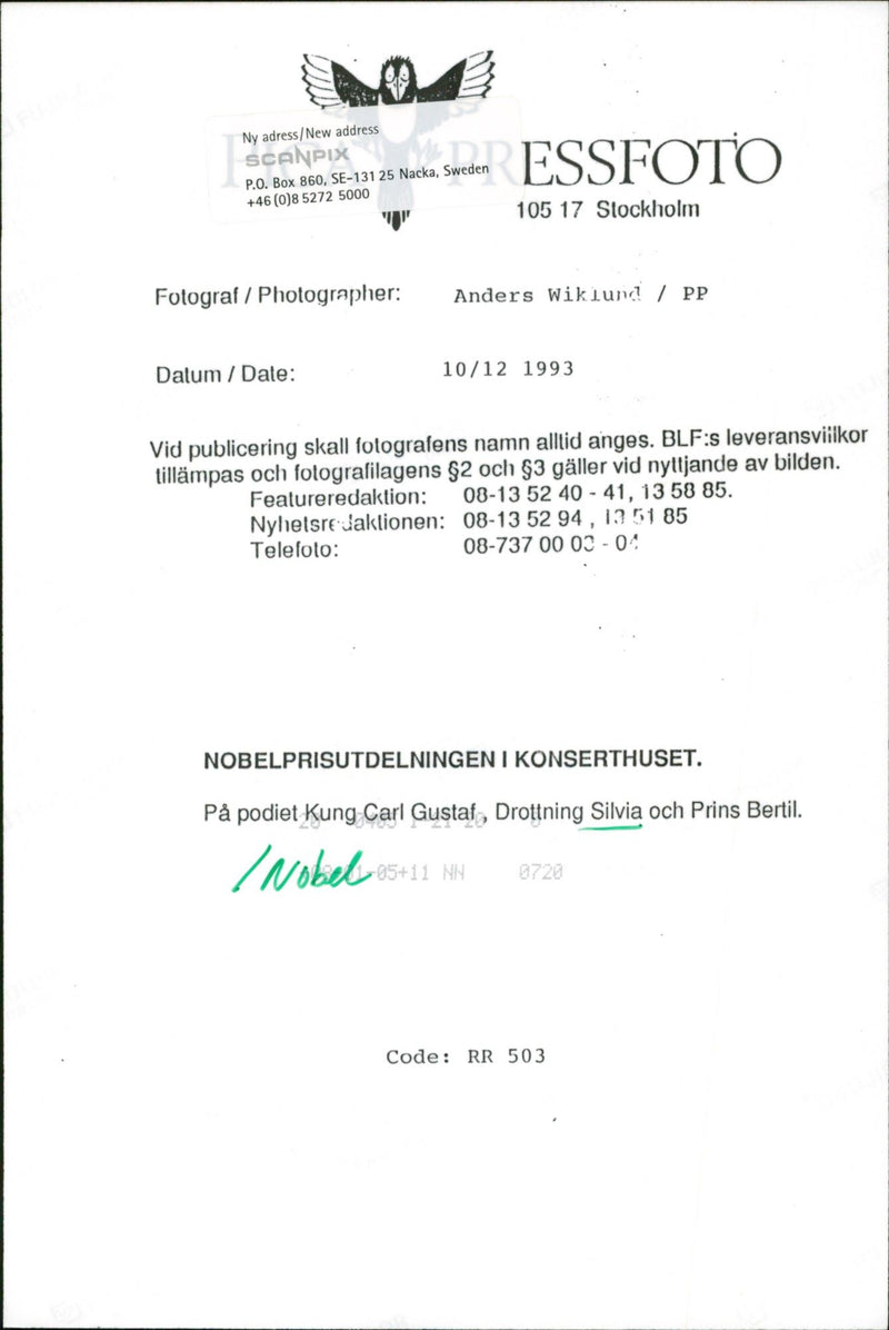 Nobel prize ceremony in the concert hall. On the stage King Carl Gustaf, Queen Silvia and Prince Bertil - Vintage Photograph