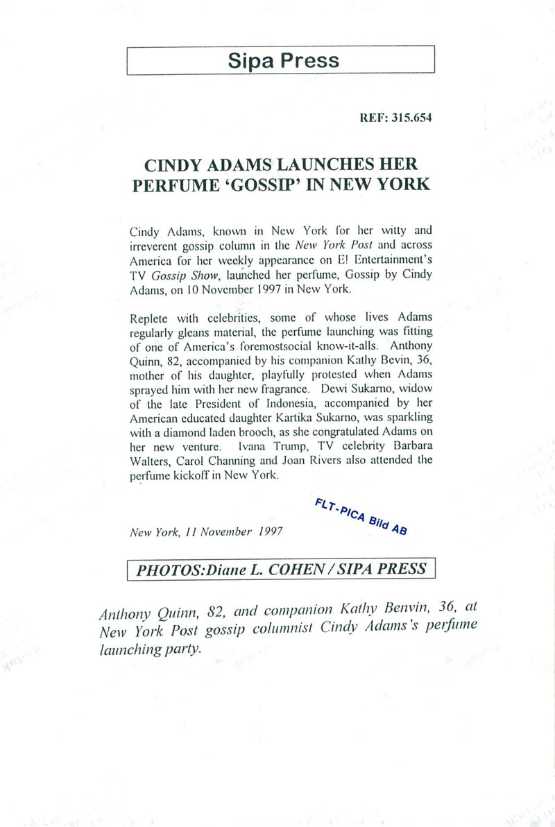 Actor Anthony Quinn and Kathy Benvin attend Cindy Adam's launch party for her new perfume Gossip - Vintage Photograph