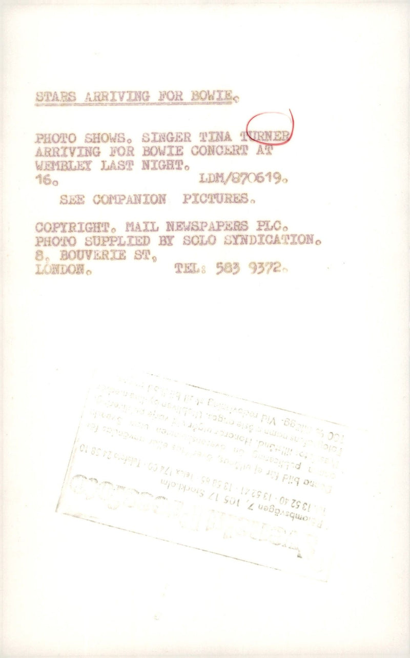 Tina Turner arrives to a Bowie concert at Wembley - Vintage Photograph