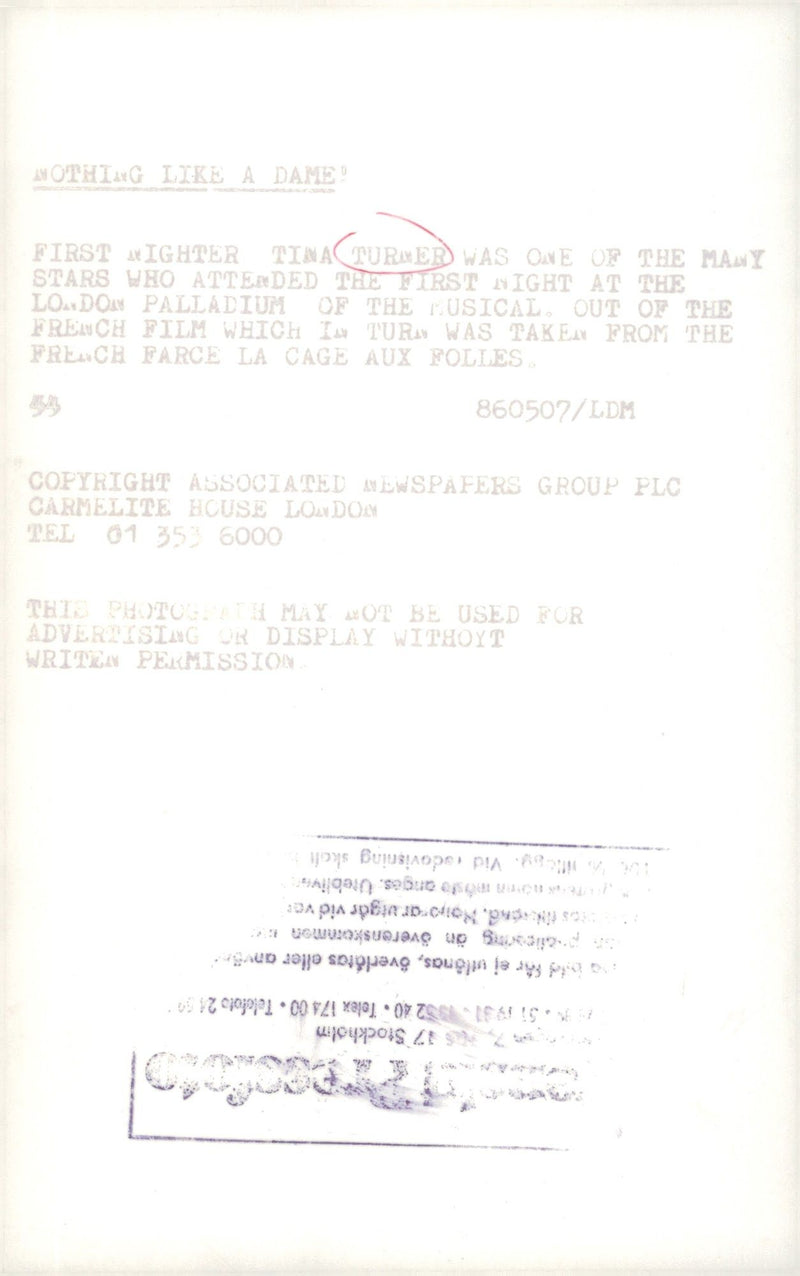 Tina Turner at the premiere of a musical at the London Palladium - Vintage Photograph