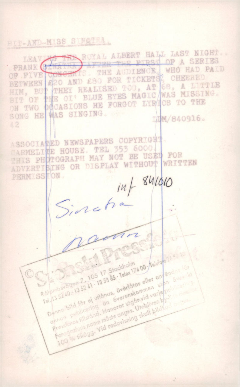 Frank Sinatra leaves Royal Albert Hall after the first of five concerts he will hold. - Vintage Photograph