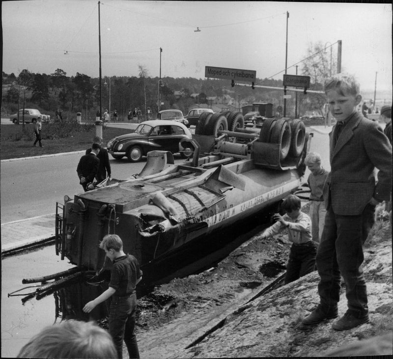 Oil laden tanker in an accident on Södertälä road - Vintage Photograph