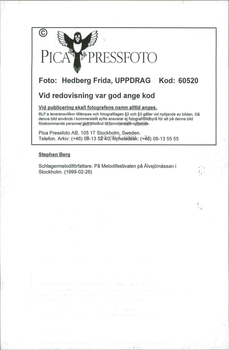 Schlager songwriter Stephan Berg at the Melodifestival at Älvsjömässan in Stockholm - Vintage Photograph