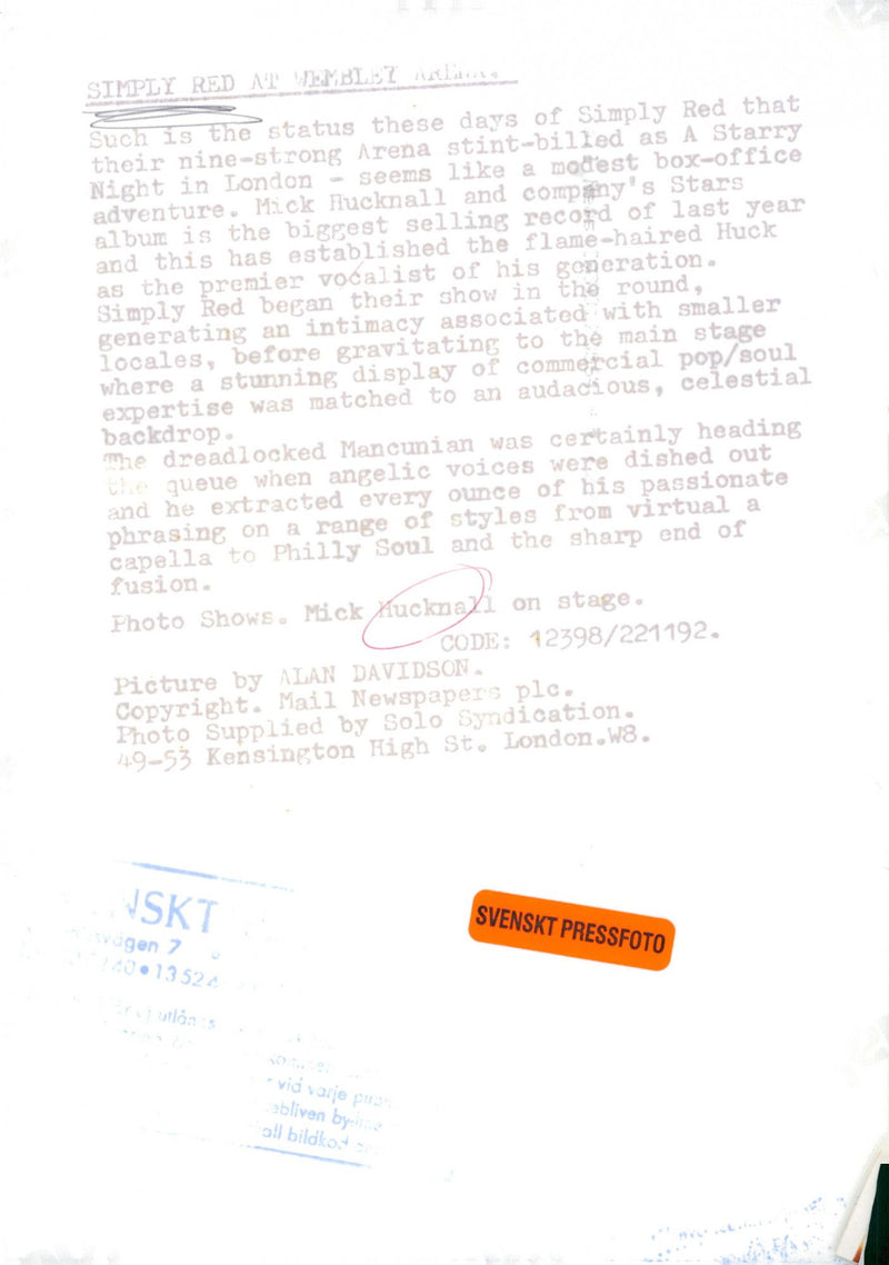 Mick Hucknall, lead singer in the band Simply Red - Vintage Photograph