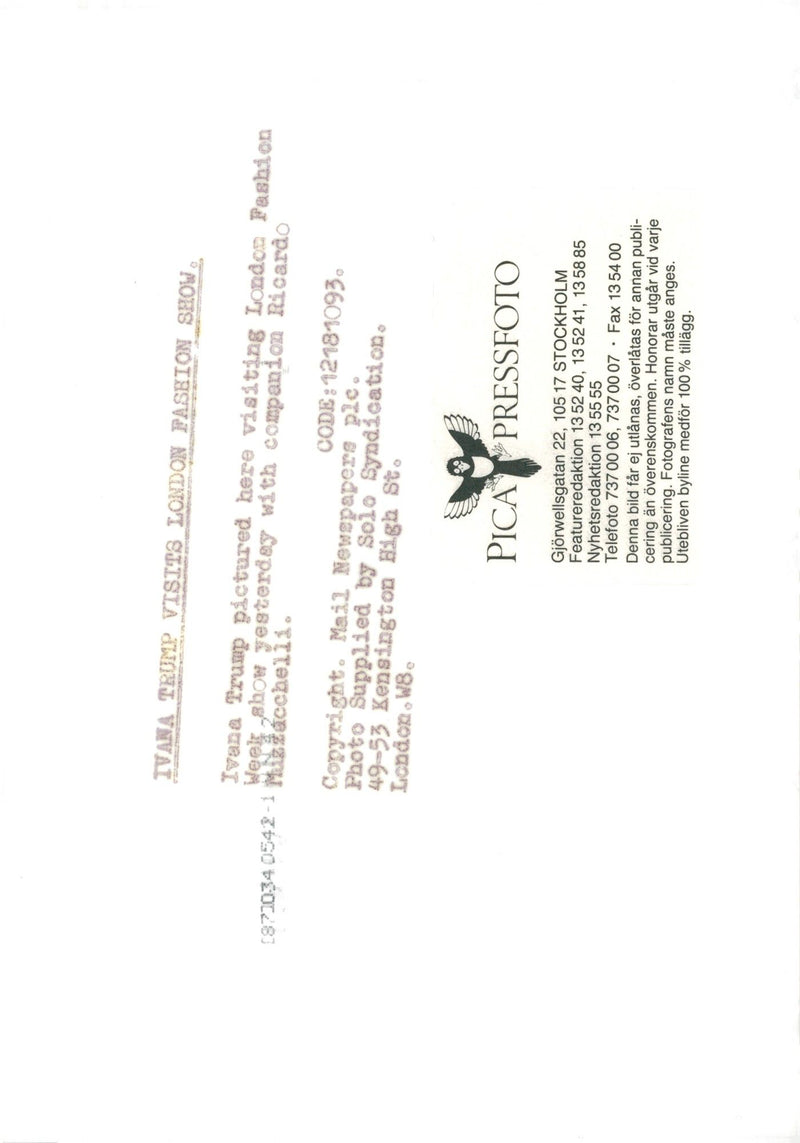 Ivana Trump and Ricardo Muzzecchelli are visiting London Fashion Week - Vintage Photograph