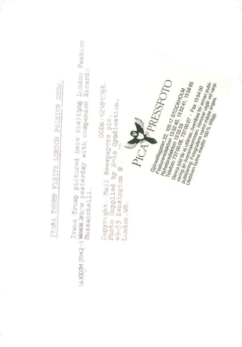 Ivana Trump and Ricardo Muzzecchelli are visiting London Fashion Week - Vintage Photograph