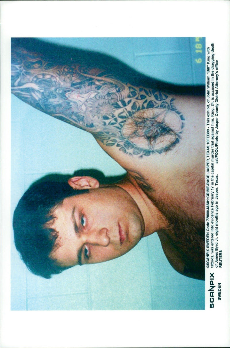 This image of John William &quot;Bill&quot; King with tattoos was used as evidence in the trial of the murder of James Byrd Jr. - Vintage Photograph