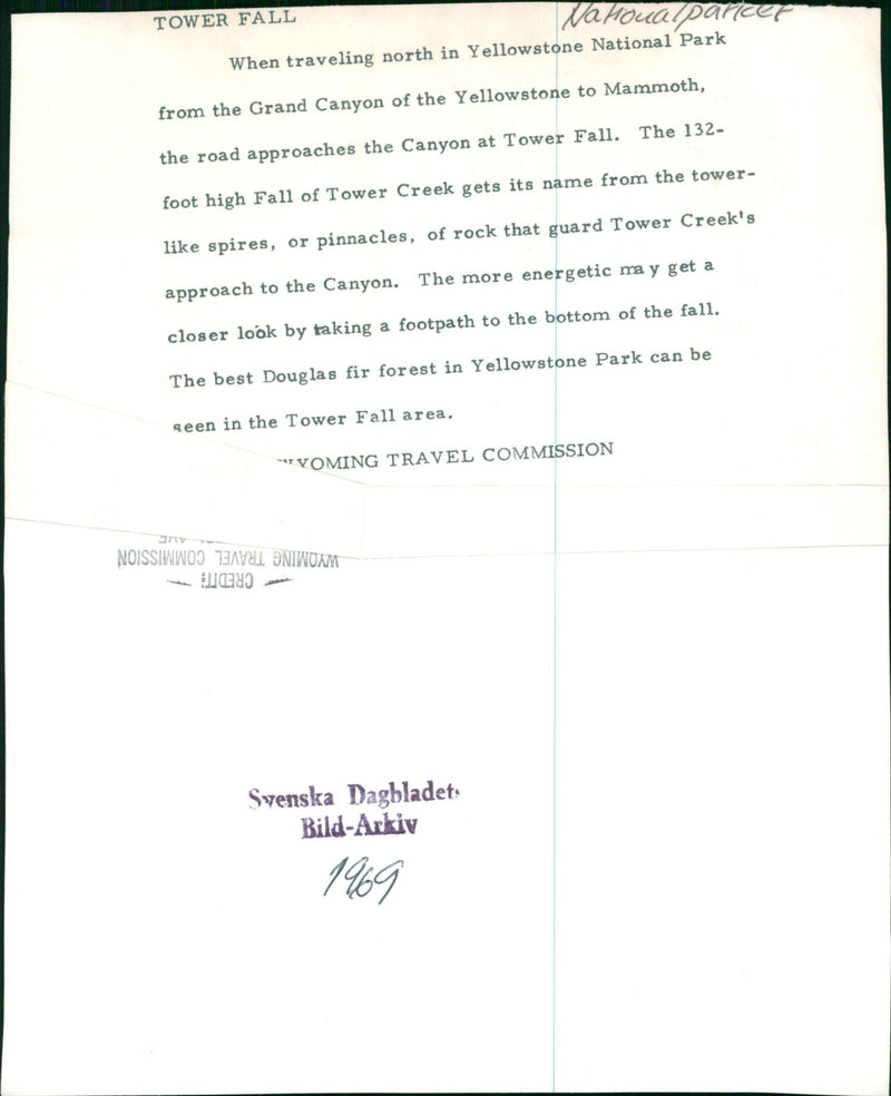 Yellowstone National Park: Tower Fall Waterfall - Vintage Photograph