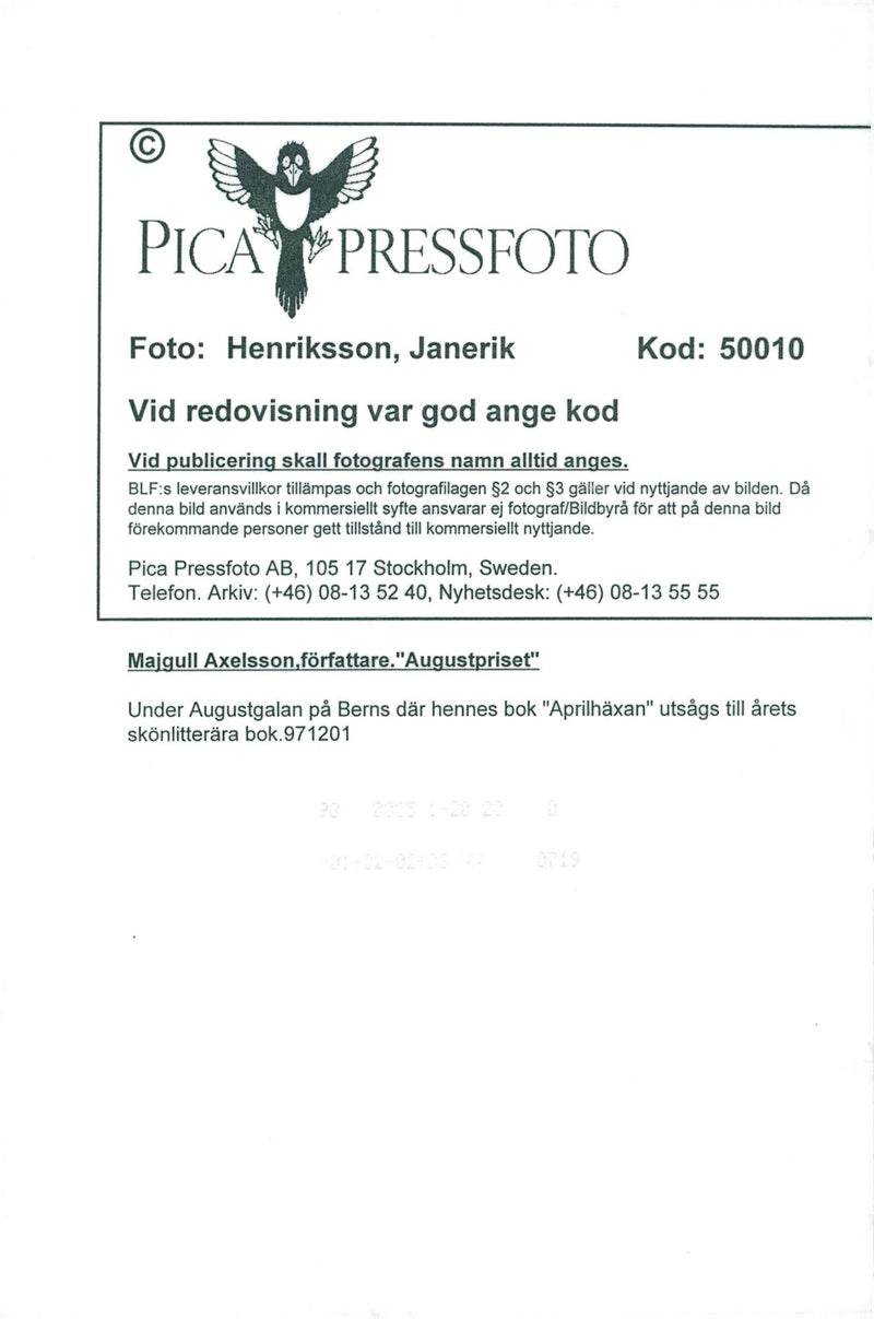 Majgull Axelsson at the August Gala in Bern where her book &quot;April Witch&quot; was named the fictional book of the year. - Vintage Photograph