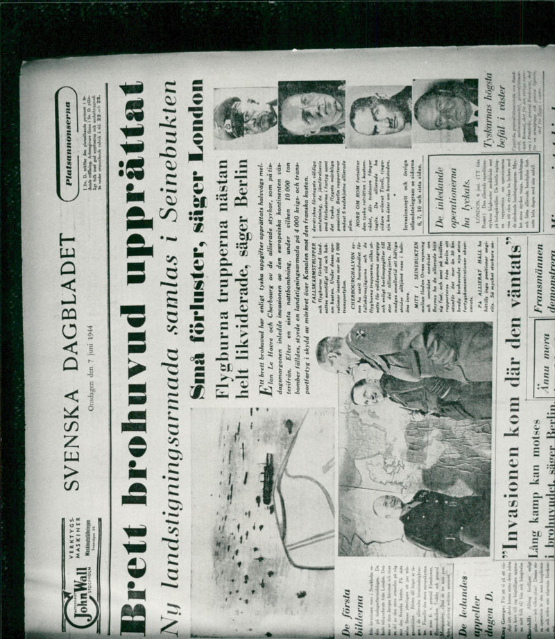 Bild av Svenska Dagbladet andra världskriget - 7 juni 1944 - Vintage Photograph