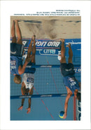 Beach volleyball at Hermosa Beach: Jan Kvalheim passes the ball to Karch Kiral, BjÃ¸rn Maaseide th - Vintage Photograph