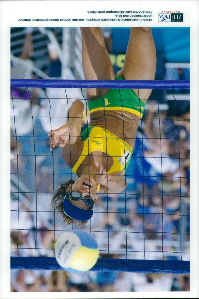 Adriana Samuel Ramos (Brazil) smashes during the match against the United States - Vintage Photograph