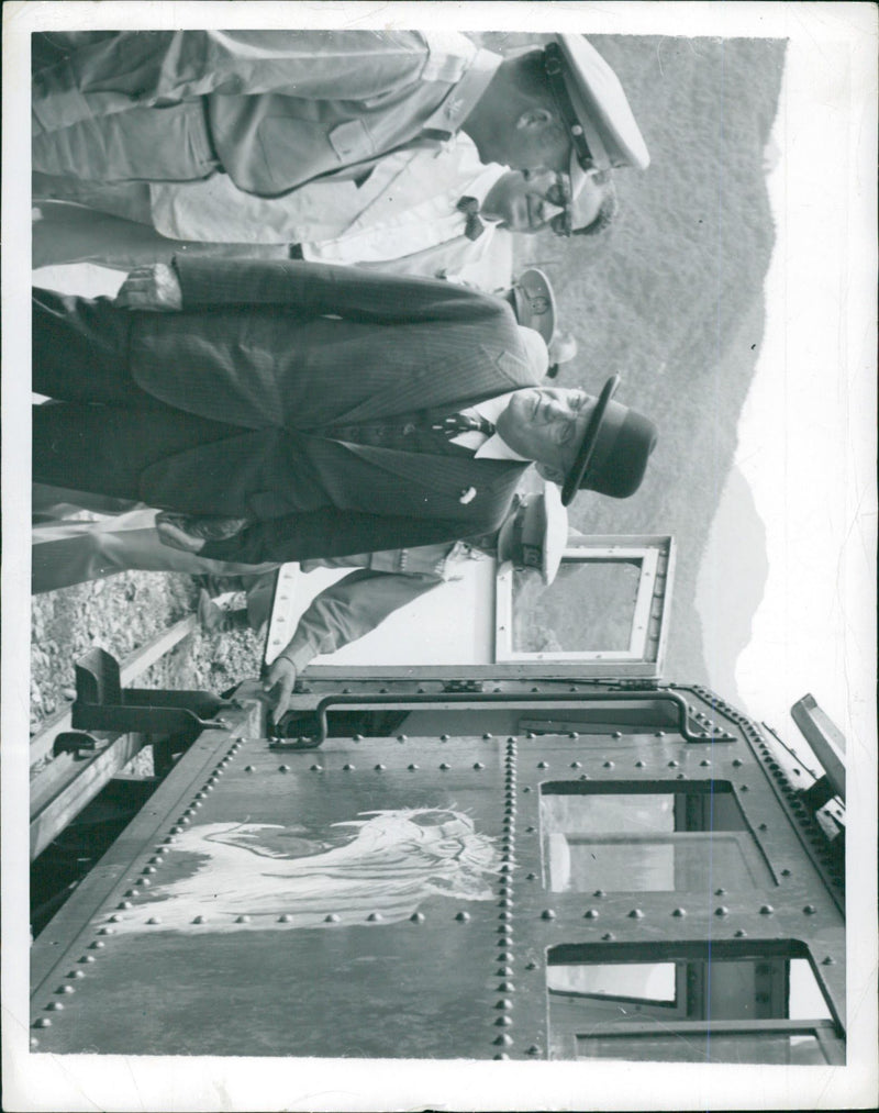 John Foster Dulles inspects a gun train during the Korean War. - Vintage Photograph