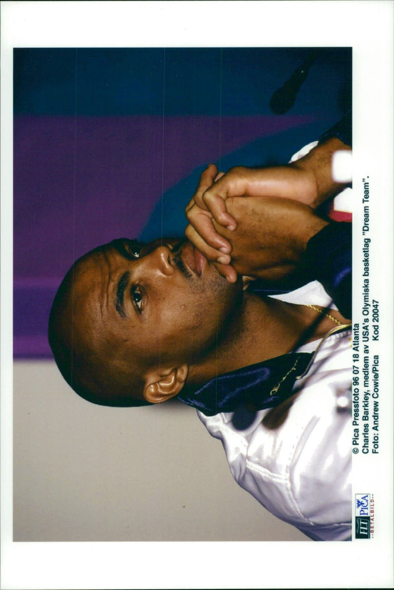 Basketball player Charles Barkley at a press conference during the Olympic Games in Atlanta in 1996 - Vintage Photograph