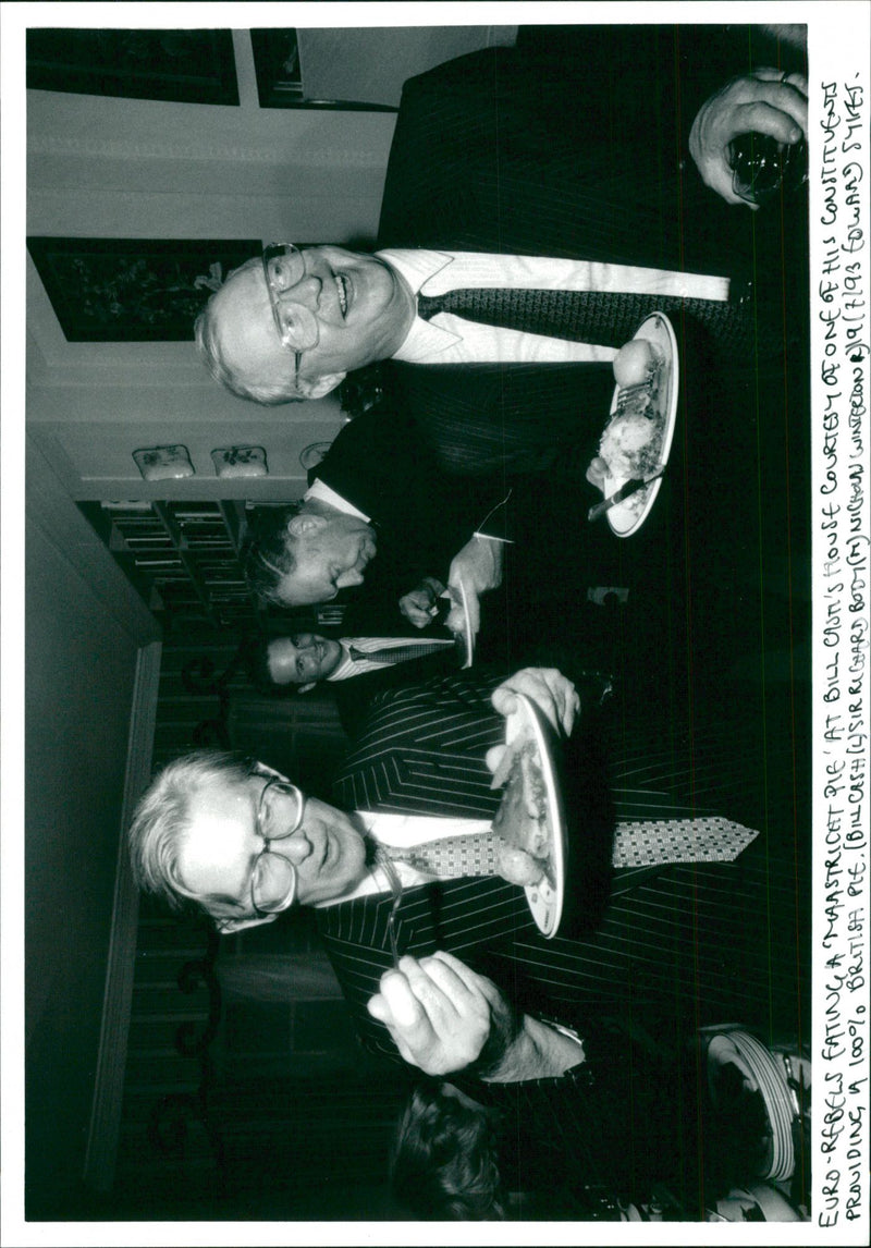 British Conservative politician Sir Bill Cash having British pies with fellow politician - Vintage Photograph
