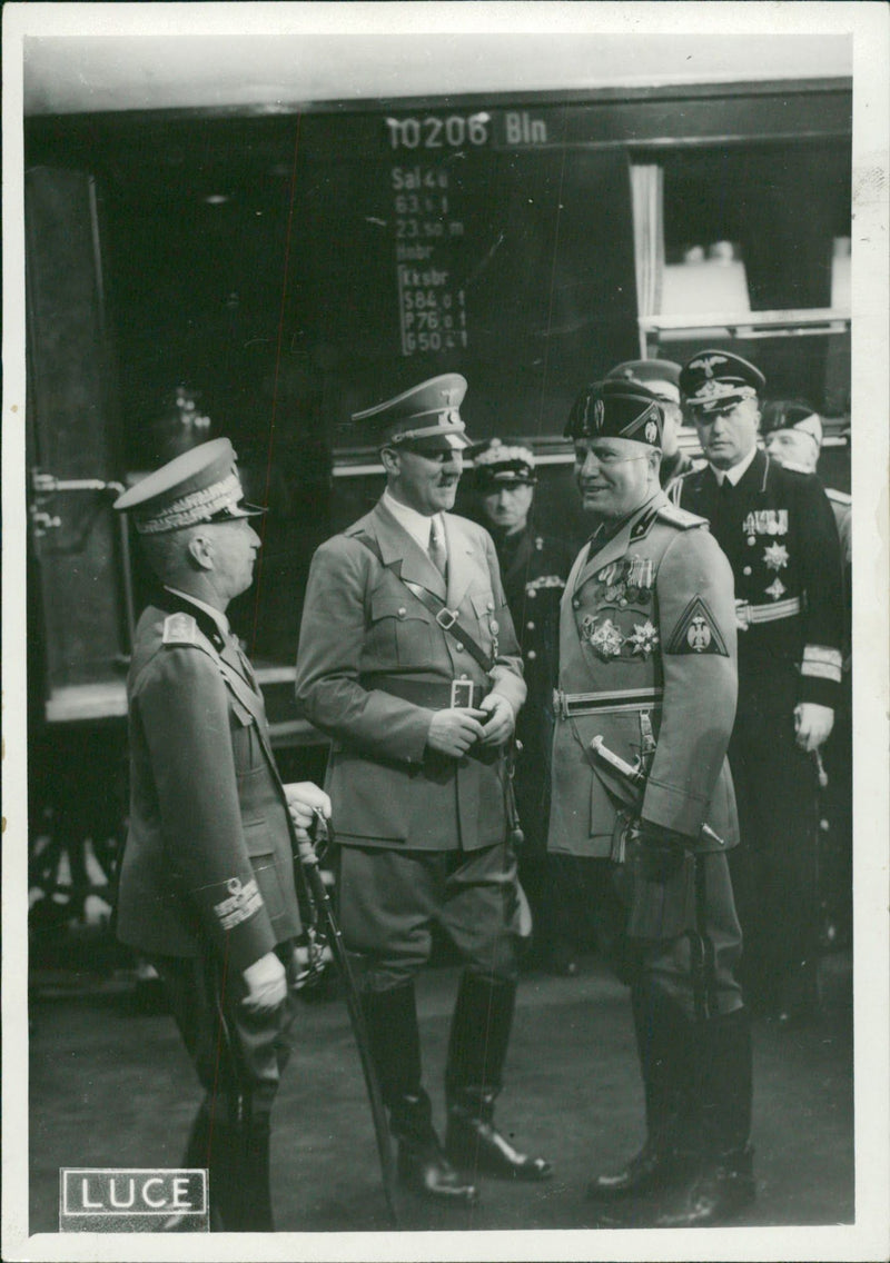 Adolf Hitler flanked by the king and Benito Mussolini - Vintage Photograph